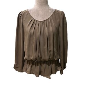 JOIE Silk Brown Pleated Draped Ruched Cuff Ruffle Cutout Blouson Top - M
